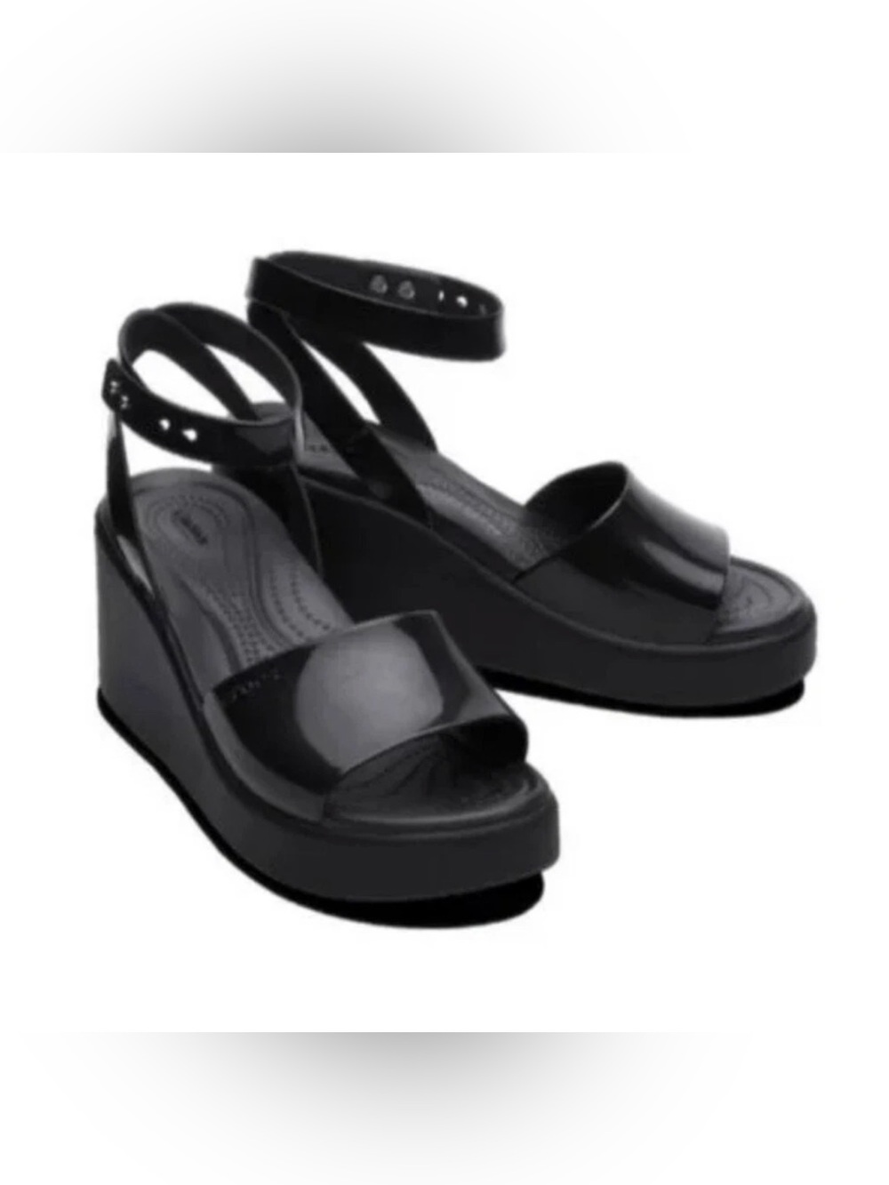 CROCS Brooklyn Black Patent Platform Wedges with Ankle Strap